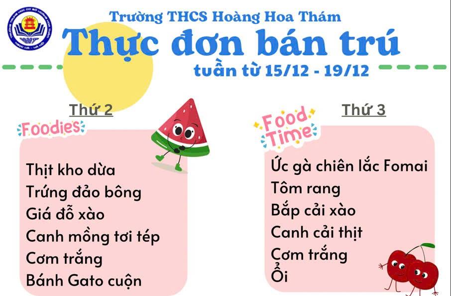 Thực đơn bán trú tuần từ 15/12-19/12/2025