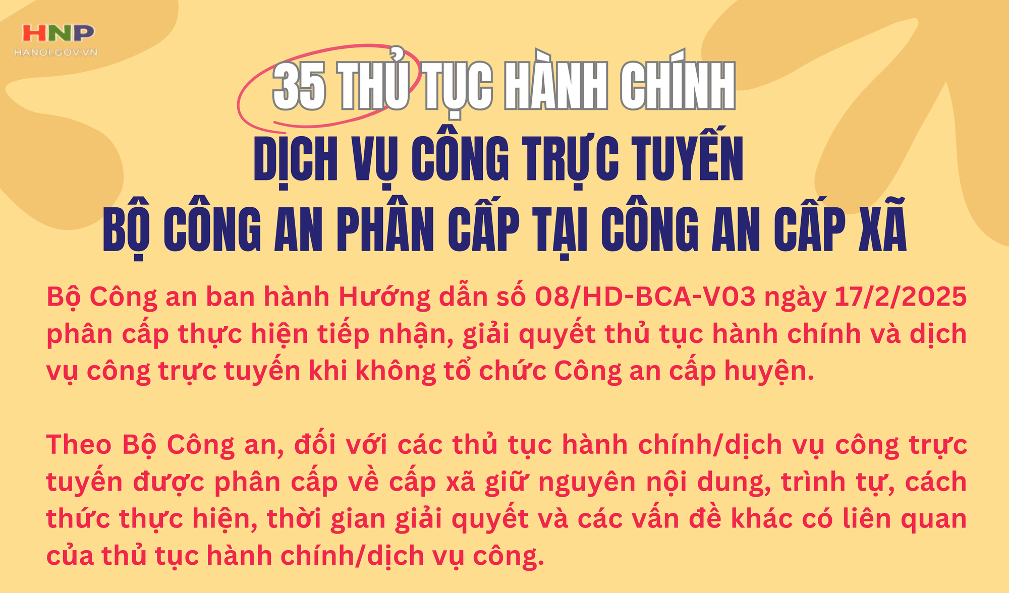 35 thủ tục hành chính, dịch vụ công trực tuyến phân cấp tại Công an cấp xã