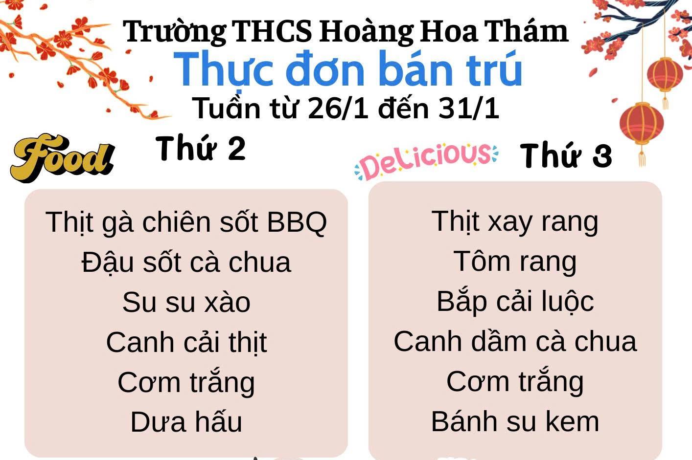 Thực đơn bán trú tuần từ 26/01-31/01/2026