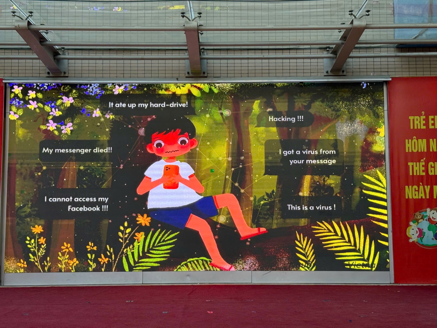 A large billboard with a cartoon of a child on itDescription automatically generated