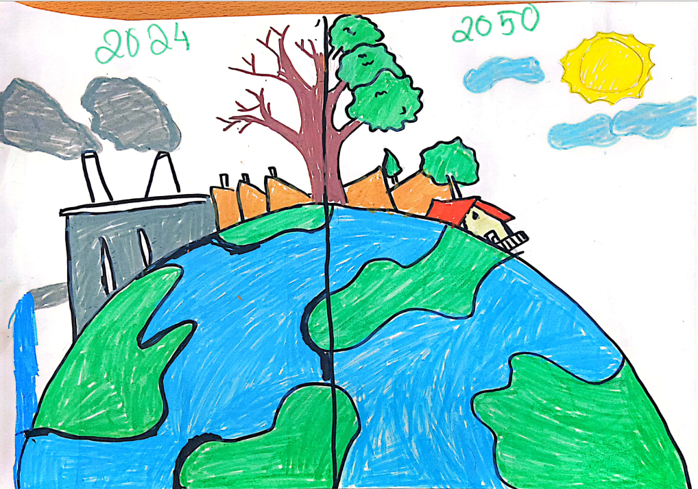 A drawing of a tree and a house on a planet

Description automatically generated