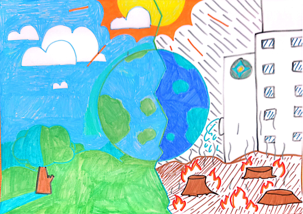 A drawing of a planet and a house

Description automatically generated