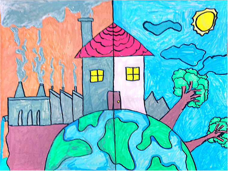 A drawing of a house and a planet

Description automatically generated