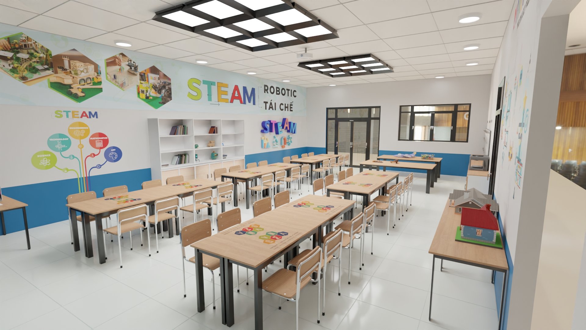 A classroom with tables and chairsDescription automatically generated