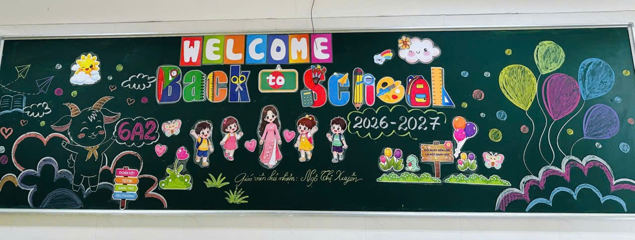 A black board with writing and cartoon characters

Description automatically generated